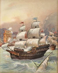 A frota de Jean Ango bloqueia a ameaça do Tejo e de Lisboa, ilustração de François Ier: Le Roi Chevalier, de George G. Toudouze, pub. 1909
